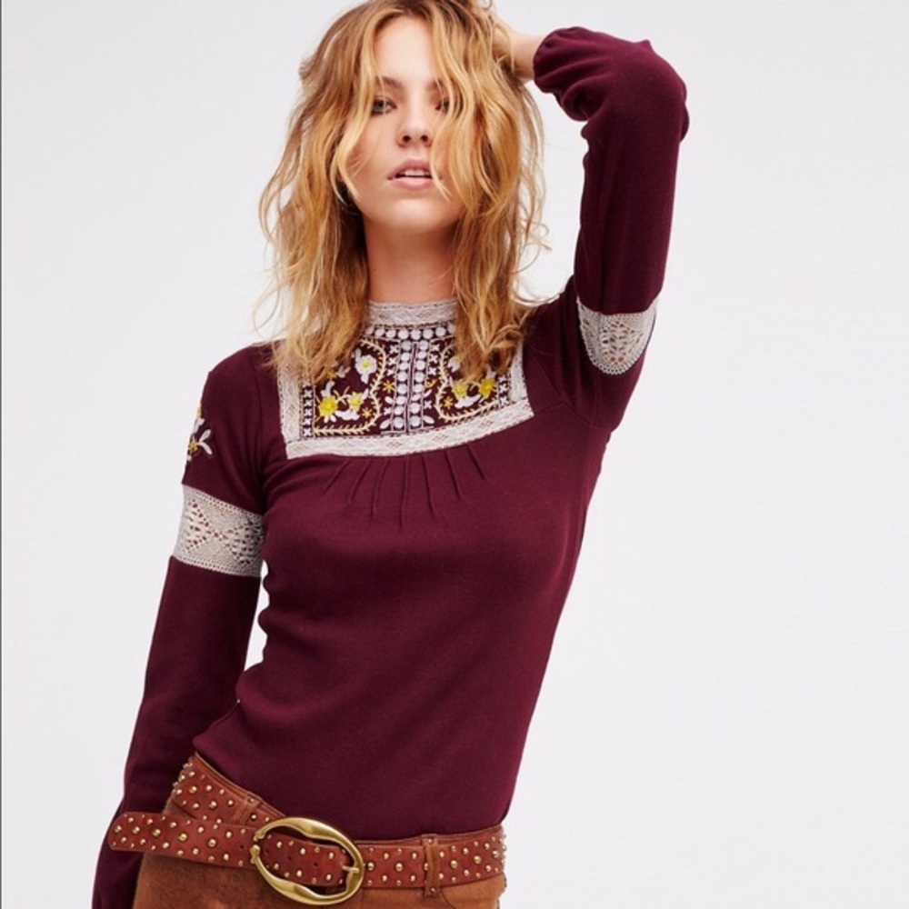 Free People Embroidered Burgundy Long Sleeve Top